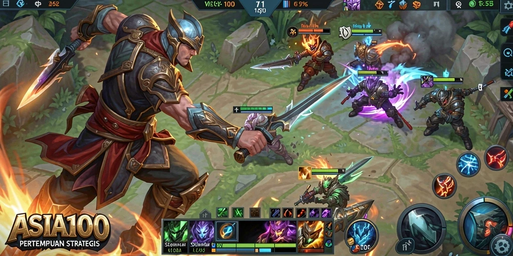 Tampilan gameplay epik dari ASIA100 menampilkan pertempuran seru di arena MOBA.