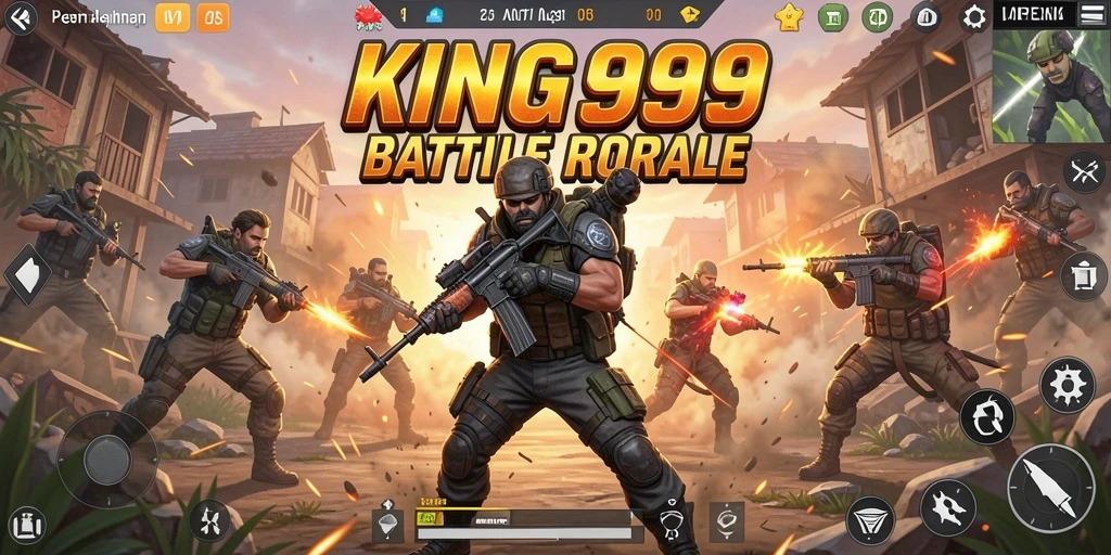 Tampilan gameplay KING999 yang intens dan mendebarkan di medan perang Battle Royale.
