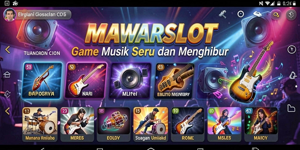 Tampilan gameplay seru dalam MAWARSLOT dengan berbagai pilihan musik.