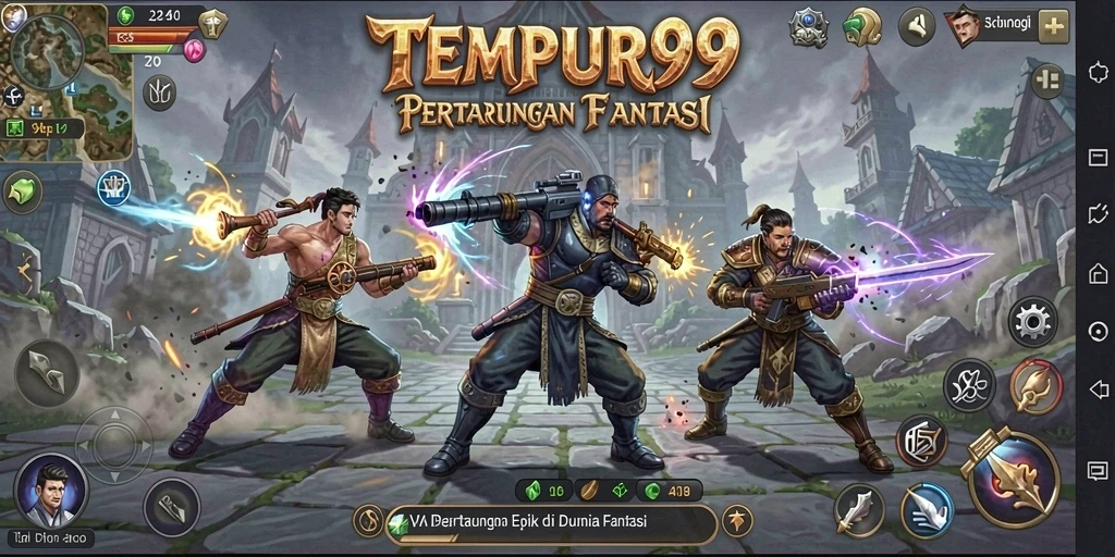Screenshot gameplay <strong>TEMPUR99</strong> menampilkan pertempuran seru di dunia fantasi.