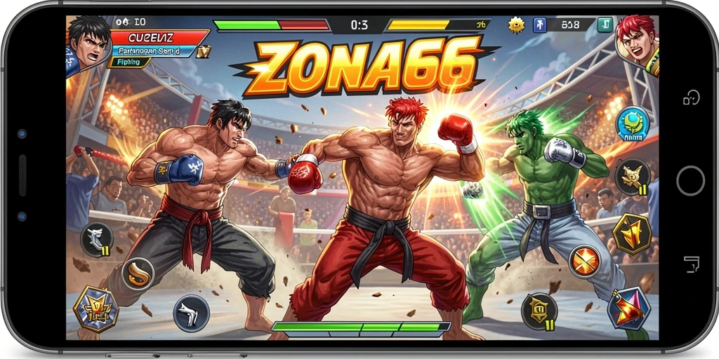 Screenshot gameplay ZONA66 dengan pertarungan seru dan grafis memukau.